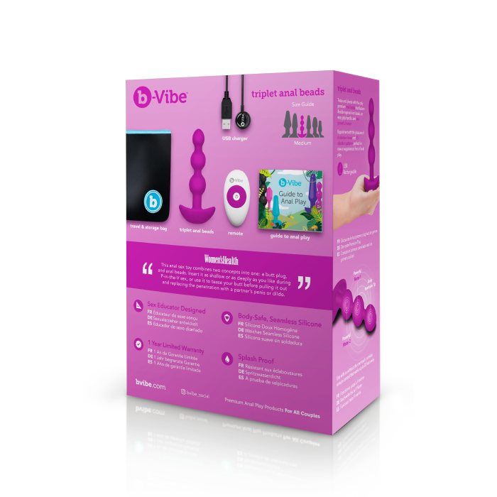 Анальні кульки з пультом, 2 мотори B-Vibe TRIPLET ANAL BEADS, фуксія