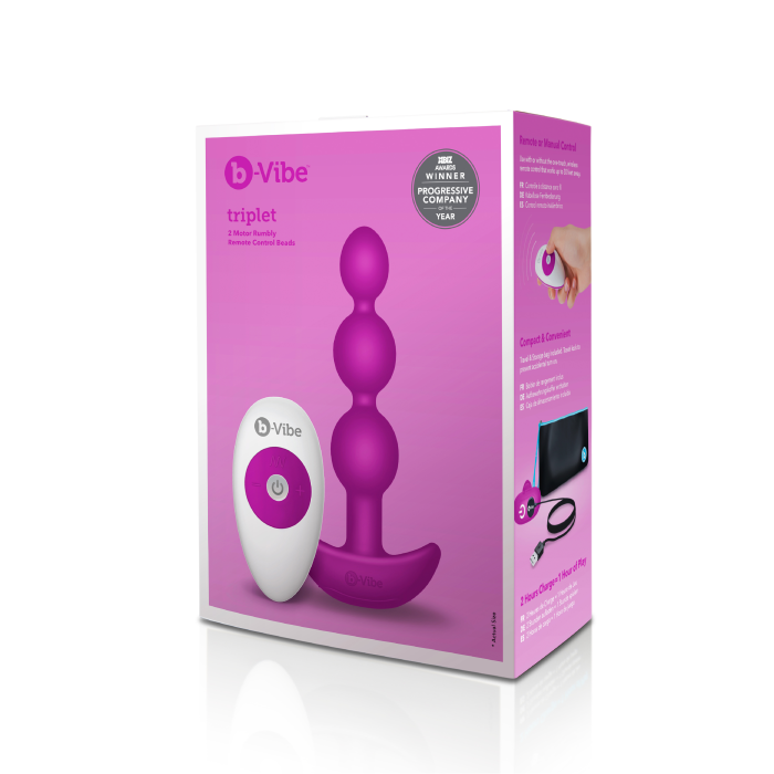 Анальні кульки з пультом, 2 мотори B-Vibe TRIPLET ANAL BEADS, фуксія
