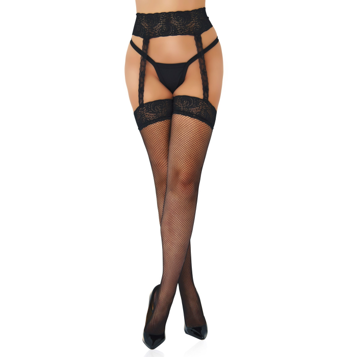 Панчохи в сіточку з мереживним поясом Daring Intimates, чорні, One Size