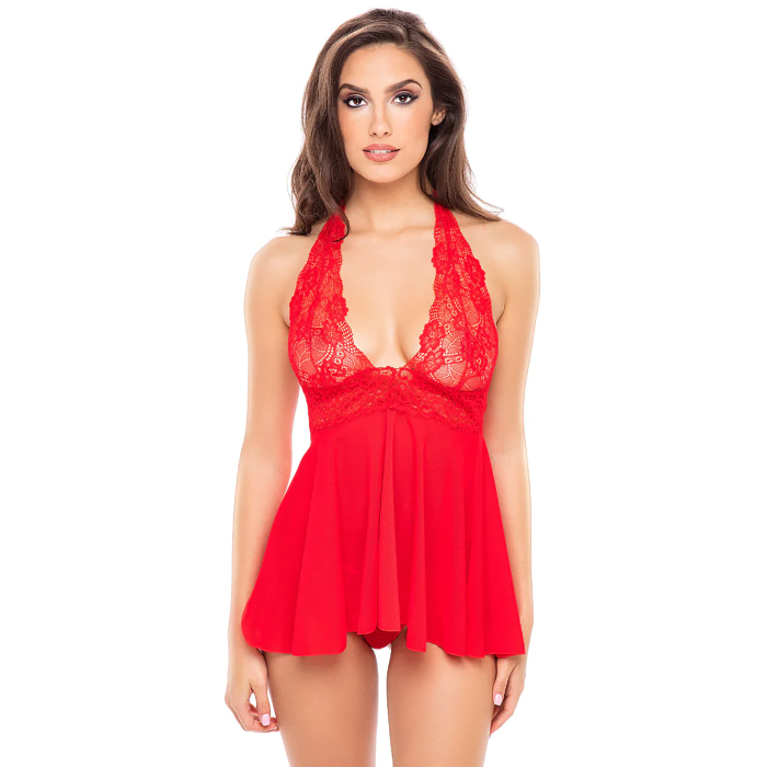 ПЕНЮАР 2PC LACE & MESH HALTER BABYDOLL & G-STRING SET RED, S
