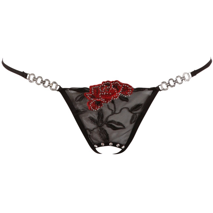 Стринги сексуальні Cottelli Collection String Rose з вишивкою та імітацією шнурівки, чорні, M/L