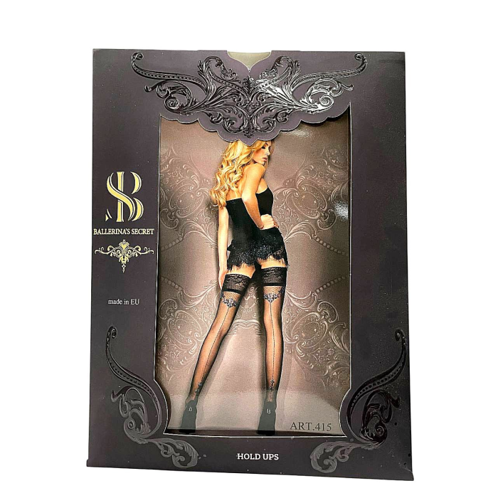 Прозорі чорні панчохи Ballerina's Secret з візерунком, мереживним верхом та заднім швом, L/XL