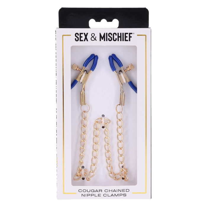 Золотисті затискачі для сосків Sex & Mischief Cougar Chained із синіми наконечниками