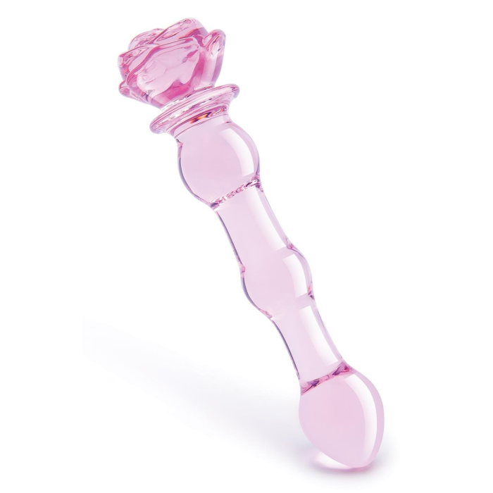 Скляний фалоімітатор Dream Toys Glaze Glass у формі бутона троянди з намистинами, рожевий