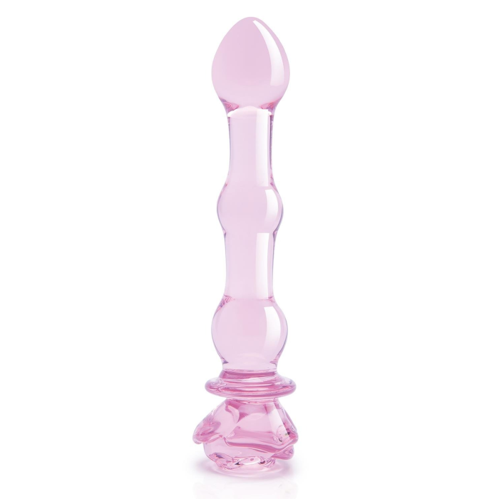 Скляний фалоімітатор Dream Toys Glaze Glass у формі бутона троянди з намистинами, рожевий