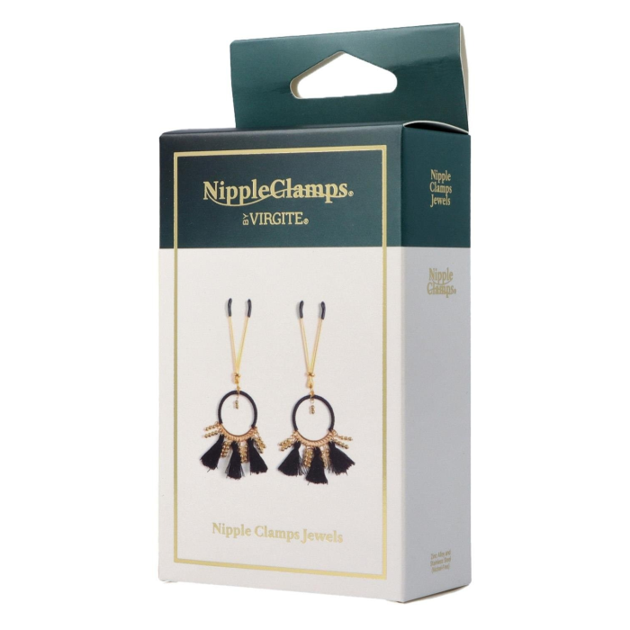 Декоративні золоті затискачі для сосків Virgite Nipple Clamps з чорними пензликами
