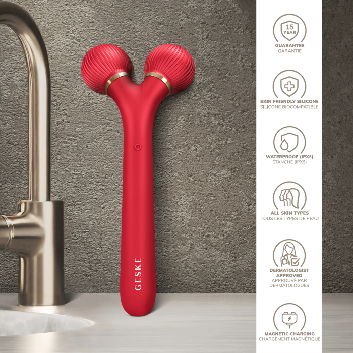 Електронний ультразвуковий ролик для обличчя GESKE Sonic Facial Roller 4в1 red