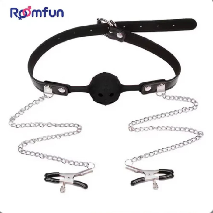 Кляп-кулька з отворами Roomfun та затискачами для сосків, чорний