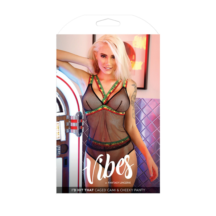 Еротичний комплект із трикотажної сітки з яскравими вставками Fantasy Lingerie чорний, L/XL