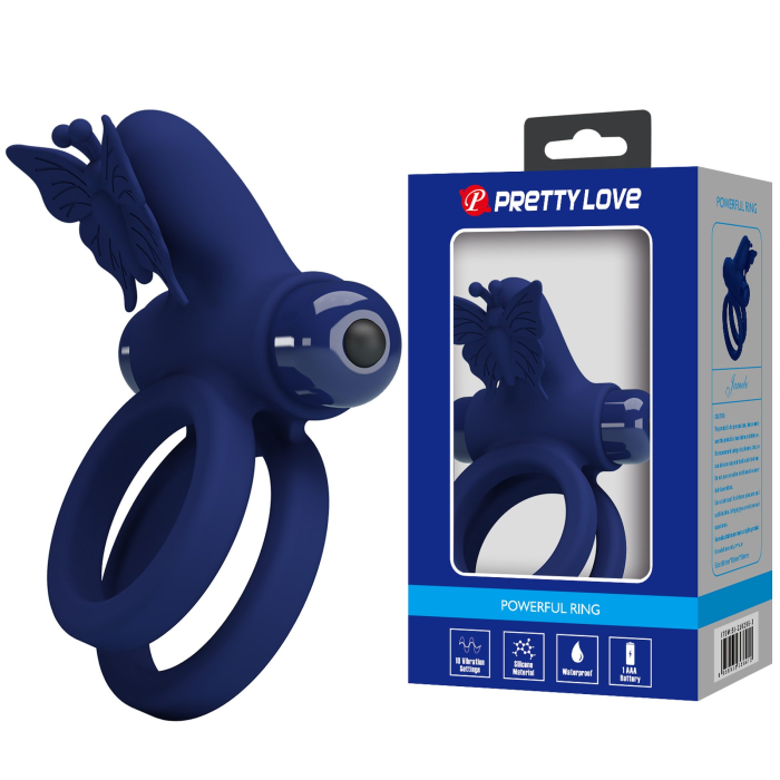 Ерекційне віброкільце подвійне PRETTY LOVE Powerful Ring Jamele з метеликом, 10 режимів, синє