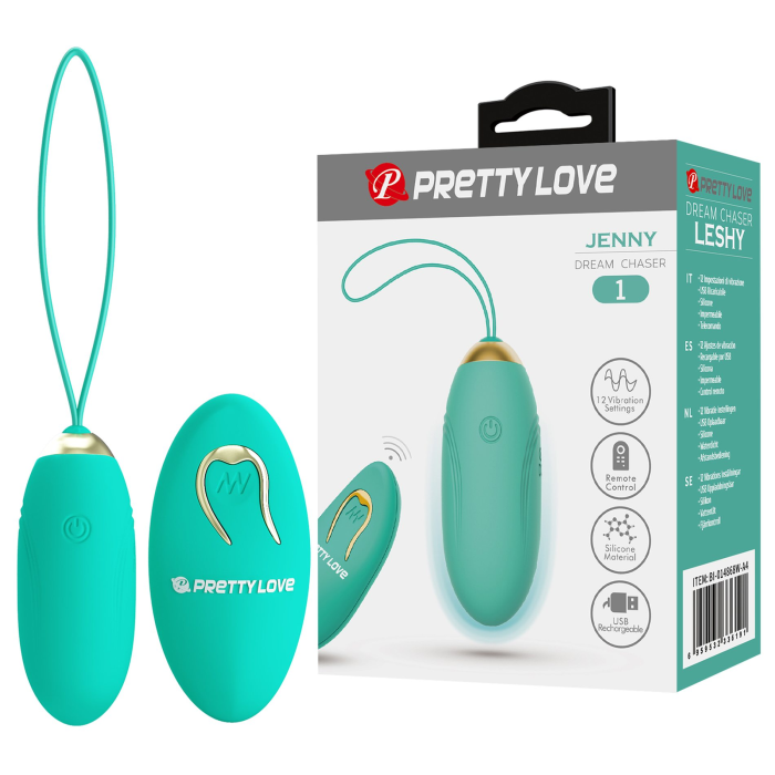Віброяйце Pretty Love JENNY з пультом, 12 режимів, бірюзове, 7 х 2.8 см