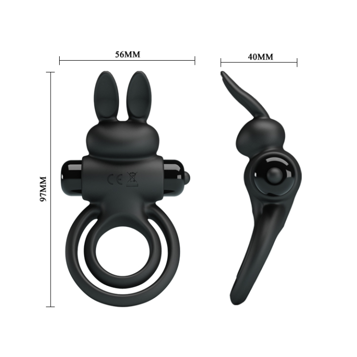 Ерекційне віброкільце з кроликом Pretty Love Bunny III подвійне, чорне, 9.7 х 4 см