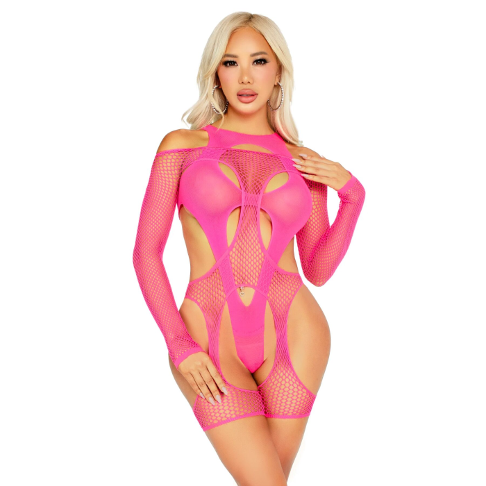 Бодістокінг Leg Avenue Fishnet Garter Harness and Teddy One Size Neon Pink