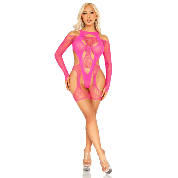 Бодістокінг Leg Avenue Fishnet Garter Harness and Teddy One Size Neon Pink