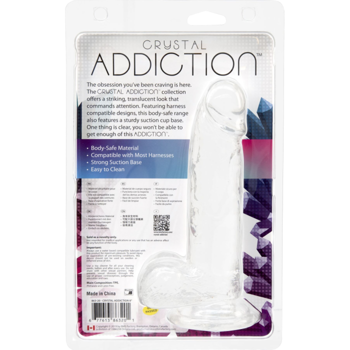 Прозорий фалоімітатор на присосці ADDICTION — Clear Dildo with Balls 8″, віброкуля в подарунок