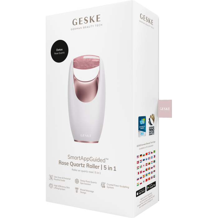 Ролер-масажер для обличчя з рожевим кварцом GESKE SmartAppGuided Rose Quartz Roller 5in1 starlight