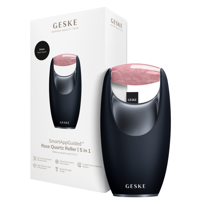 Ролер-масажер для обличчя з рожевим кварцом GESKE SmartAppGuided Rose Quartz Roller 5in1 black