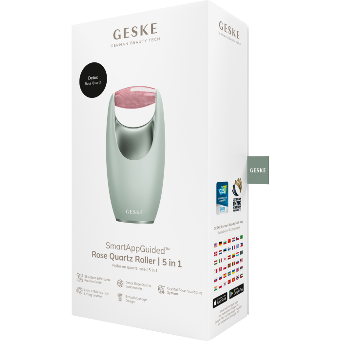 Ролер-масажер для обличчя з рожевим кварцом GESKE SmartAppGuided Rose Quartz Roller 5in1 green