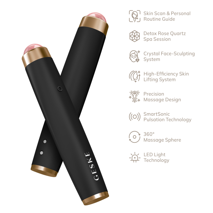 Ручка-масажер для обличчя з рожевим кварцом GESKE SmartAppGuided Sonic Rose Quartz LED Depuffing Pen 8in1 gray