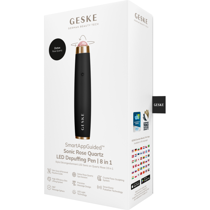 Ручка-масажер для обличчя з рожевим кварцом GESKE SmartAppGuided Sonic Rose Quartz LED Depuffing Pen 8in1 gray