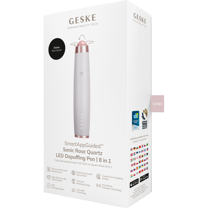 Ручка-масажер для обличчя з рожевим кварцом GESKE SmartAppGuided Sonic Rose Quartz LED Depuffing Pen 8in1 starlight
