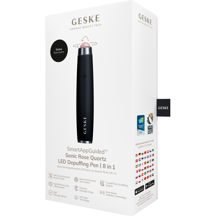 Ручка-масажер для обличчя з рожевим кварцом GESKE SmartAppGuided Sonic Rose Quartz LED Depuffing Pen 8in1 black