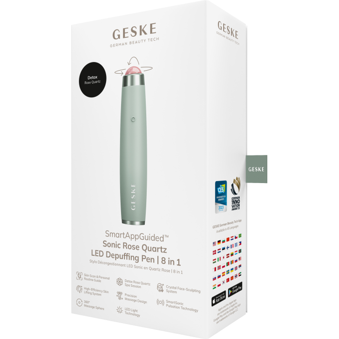 Ручка-масажер для обличчя з рожевим кварцом GESKE SmartAppGuided Sonic Rose Quartz LED Depuffing Pen 8in1 green