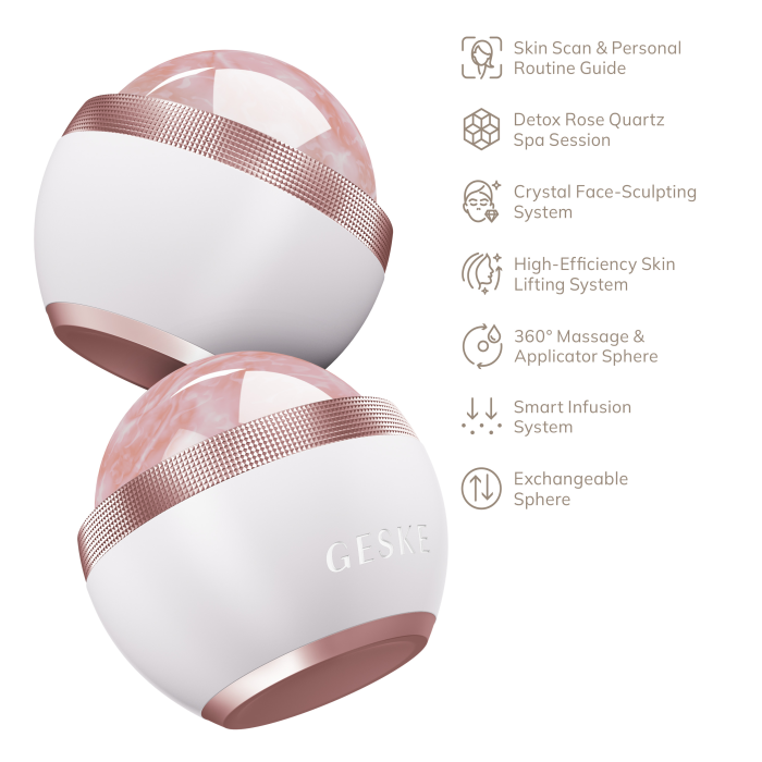 Кульковий масажер з рожевим кварцом GESKE SmartAppGuided Rose Quartz Depuffing Sphere 7in1 starlight