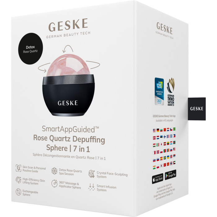 Кульковий масажер з рожевим кварцом GESKE SmartAppGuided Rose Quartz Depuffing Sphere 7in1 black