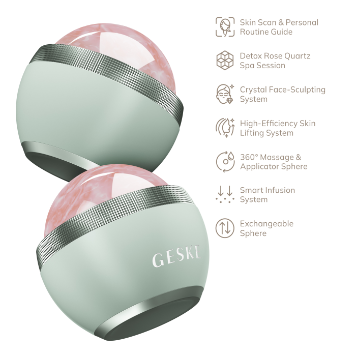 Кульковий масажер з рожевим кварцом GESKE SmartAppGuided Rose Quartz Depuffing Sphere 7in1 green