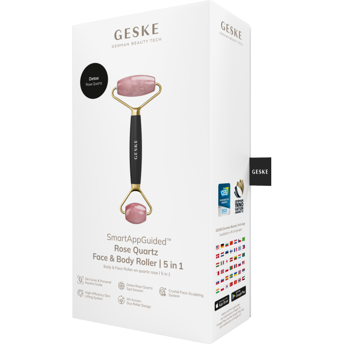 Ролер-масажер для обличчя та тіла з рожевим кварцом GESKE SmartAppGuided Rose Quartz Face & Body Roller 5in1 gray