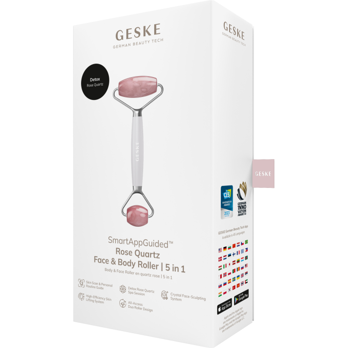 Ролер-масажер для обличчя та тіла з рожевим кварцом GESKE SmartAppGuided Rose Quartz Face & Body Roller 5in1 starlight
