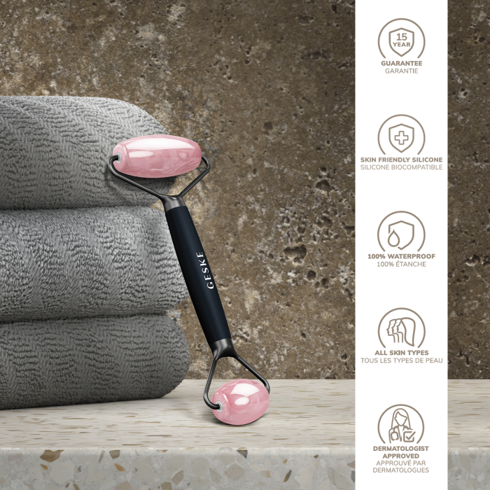Ролер-масажер для обличчя та тіла з рожевим кварцом GESKE SmartAppGuided Rose Quartz Face & Body Roller 5in1 black