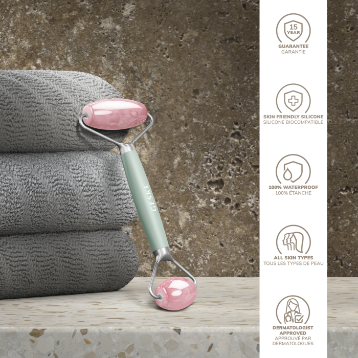 Ролер-масажер для обличчя та тіла з рожевим кварцом GESKE SmartAppGuided Rose Quartz Face & Body Roller 5in1 green