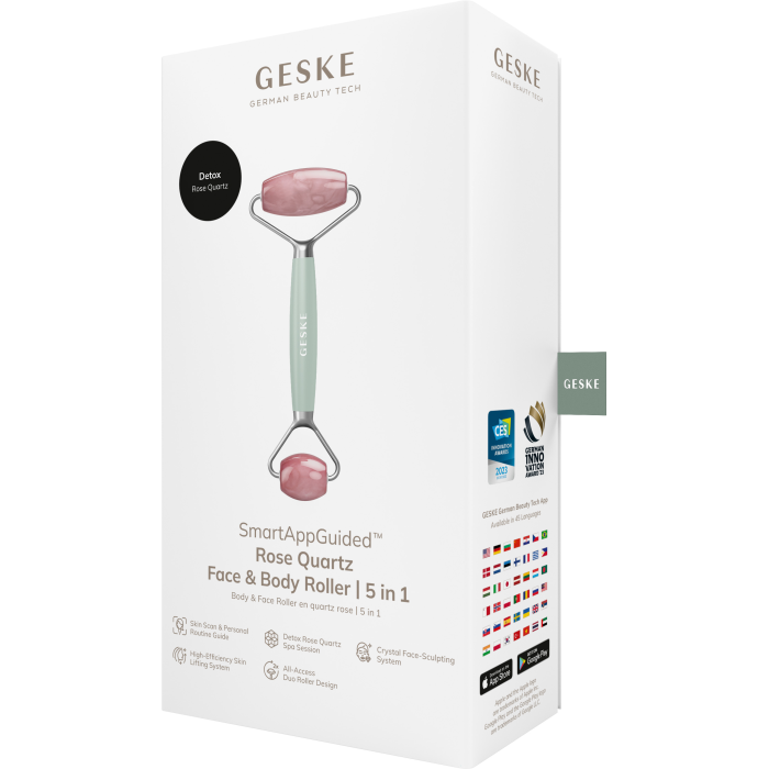 Ролер-масажер для обличчя та тіла з рожевим кварцом GESKE SmartAppGuided Rose Quartz Face & Body Roller 5in1 green
