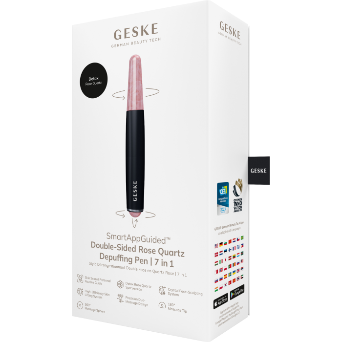 Ручка-масажер для обличчя з рожевим кварцом GESKE SmartAppGuided Double-Sided Rose Quartz Depuffing Pen 7в1 black