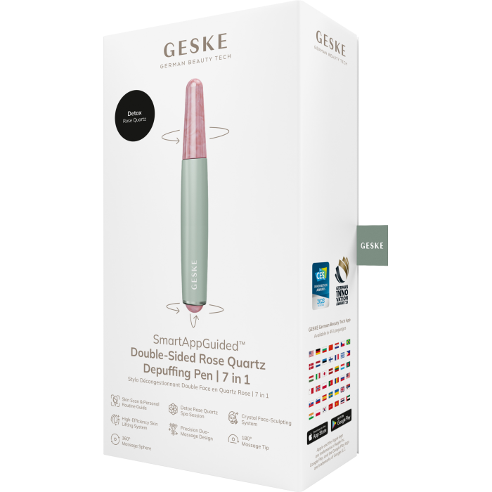 Ручка-масажер для обличчя з рожевим кварцом GESKE SmartAppGuided Double-Sided Rose Quartz Depuffing Pen 7в1 green