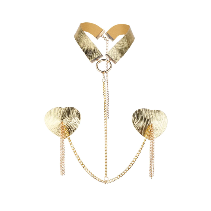 Пестис-сердечка з пензликами та чокером JSY Nipple Sticker RT236114 Golden