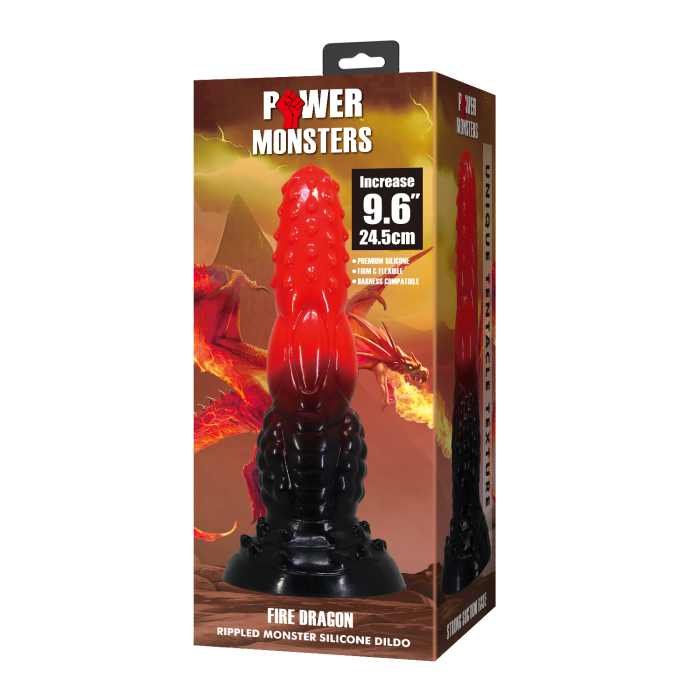 Фалоімітатор силіконовий Power Monsters Fire Dragon на присоску, чорно-червоний, 5,5 см × 24,5 см