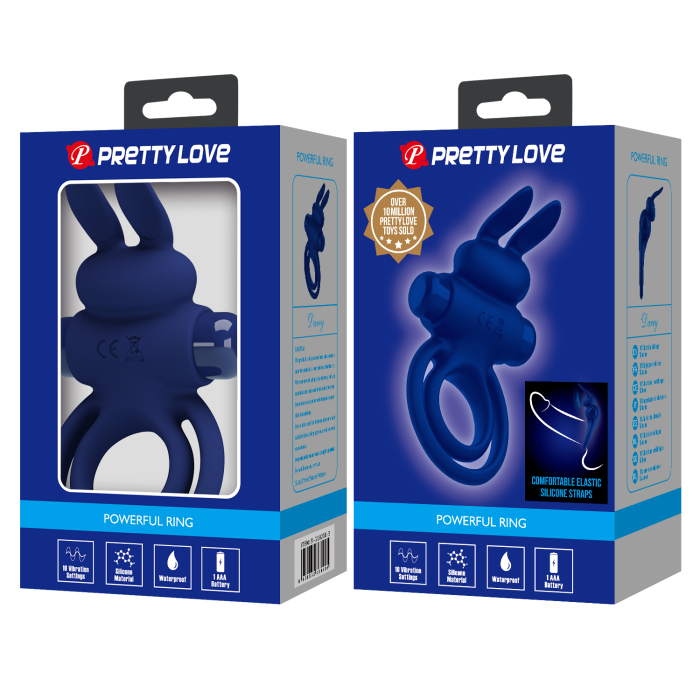 Віброкільце подвійне PRETTY LOVE Vibro Bunny III зі стимуляцією для клітора, синє, 9.7 х 6.5 см