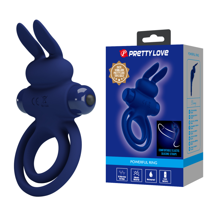Віброкільце подвійне PRETTY LOVE Vibro Bunny III зі стимуляцією для клітора, синє, 9.7 х 6.5 см