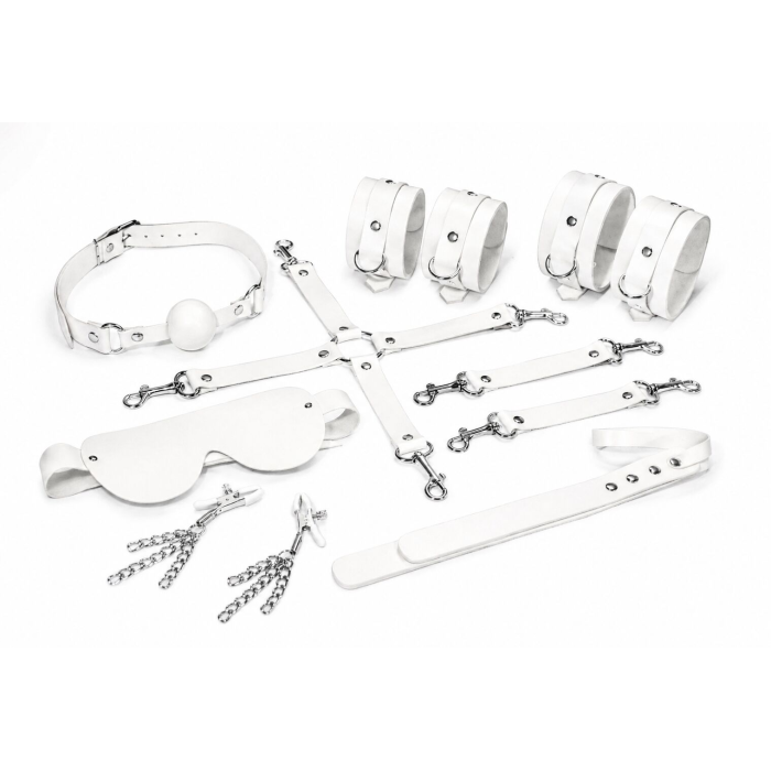Набір Feral Feelings BDSM Kit 7 White, наручники, поножі, конектор, маска, падл, кляп, затискачі