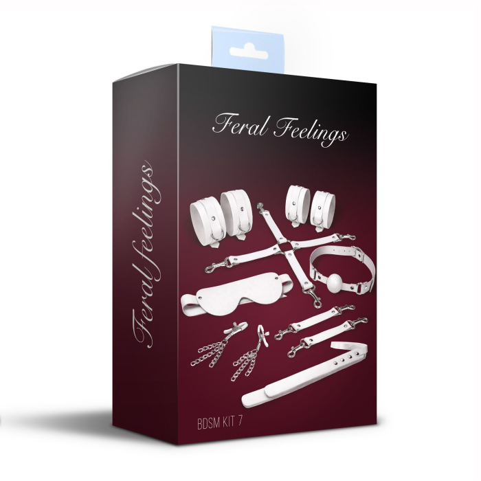 Набір Feral Feelings BDSM Kit 7 White, наручники, поножі, конектор, маска, падл, кляп, затискачі
