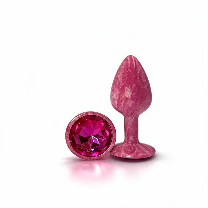 Анальна пробка, S, ALUME, рожева з золотими вставками, з яскраво-рожевим круглим каменем, 7.2 × 3.4 см