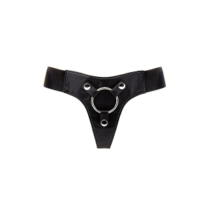 Трусики для страпона REALROCK Elastic Harness з кільцем, шкіряні, чорні, One Size (S-XL)