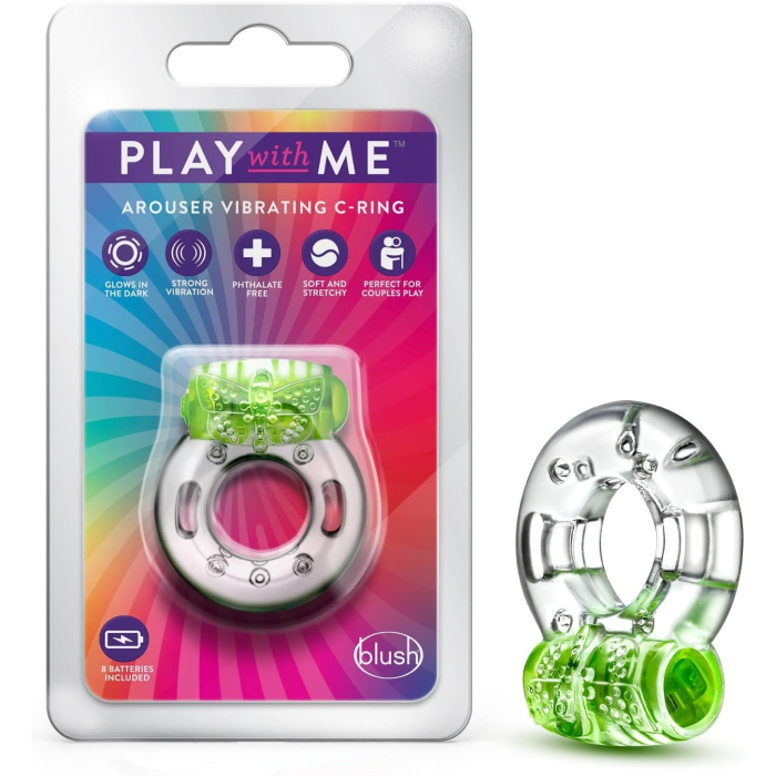 Ерекційне віброкільце Blush Play With Me з рельєфним метеликом для клітора, прозоро-зелене