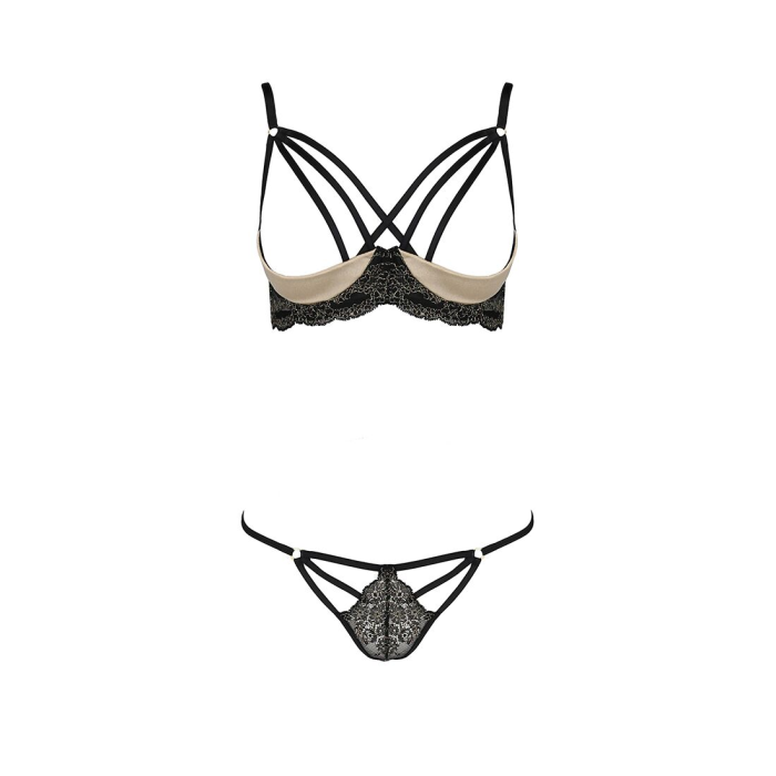 Комплект білизни Passion Exclusive VALERY SET OpenBra XXL/XXXL black, стрепи, трусики, відкритий ліф