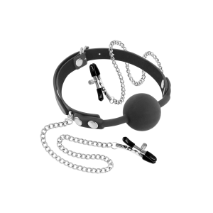 Кляп з силіконовою кулькою і затискачами для сосків Fetish Tentation Gag Ball with Nipple Clamps