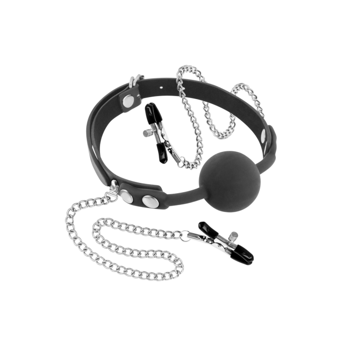 Кляп з силіконовою кулькою і затискачами для сосків Fetish Tentation Gag Ball with Nipple Clamps