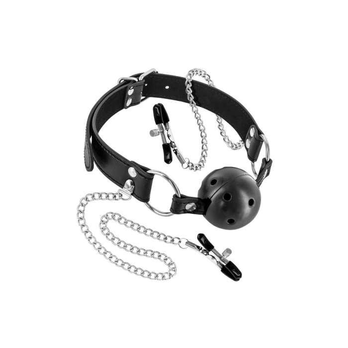 Повітропроникний кляп із затискачами для сосків Fetish Tentation Rigid Gag Ball with Nipple Clamps